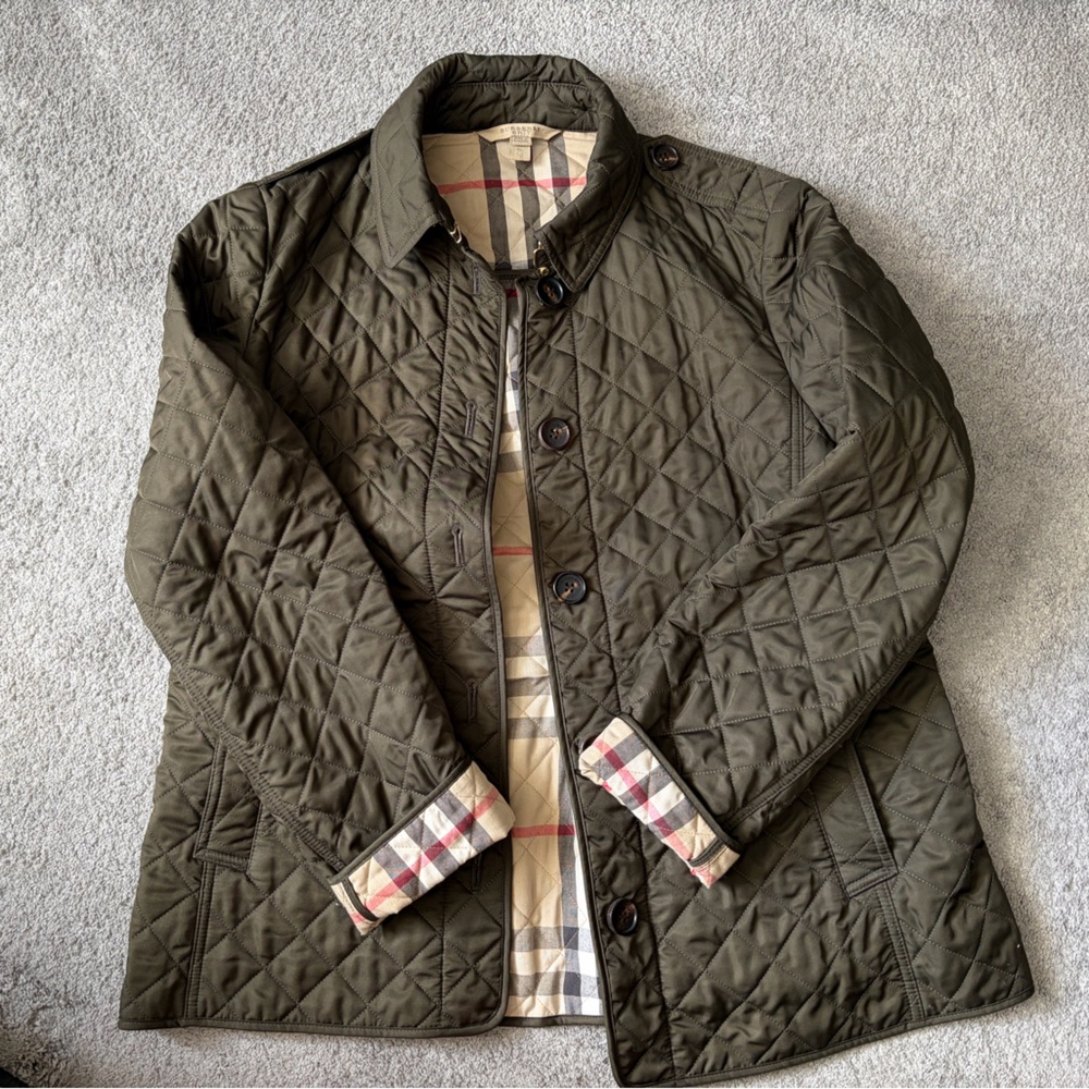 EUC Burberry Brit Quilted Jacket in Olive Green Size XL